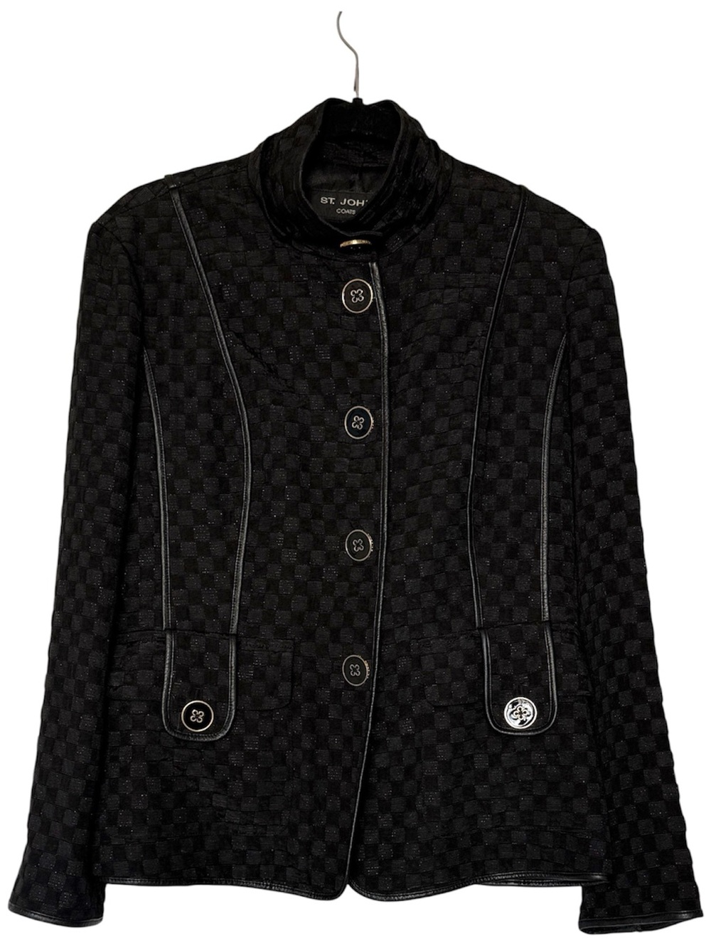 St. John Black Checker Knit Stand-Collar Jacket | Size M